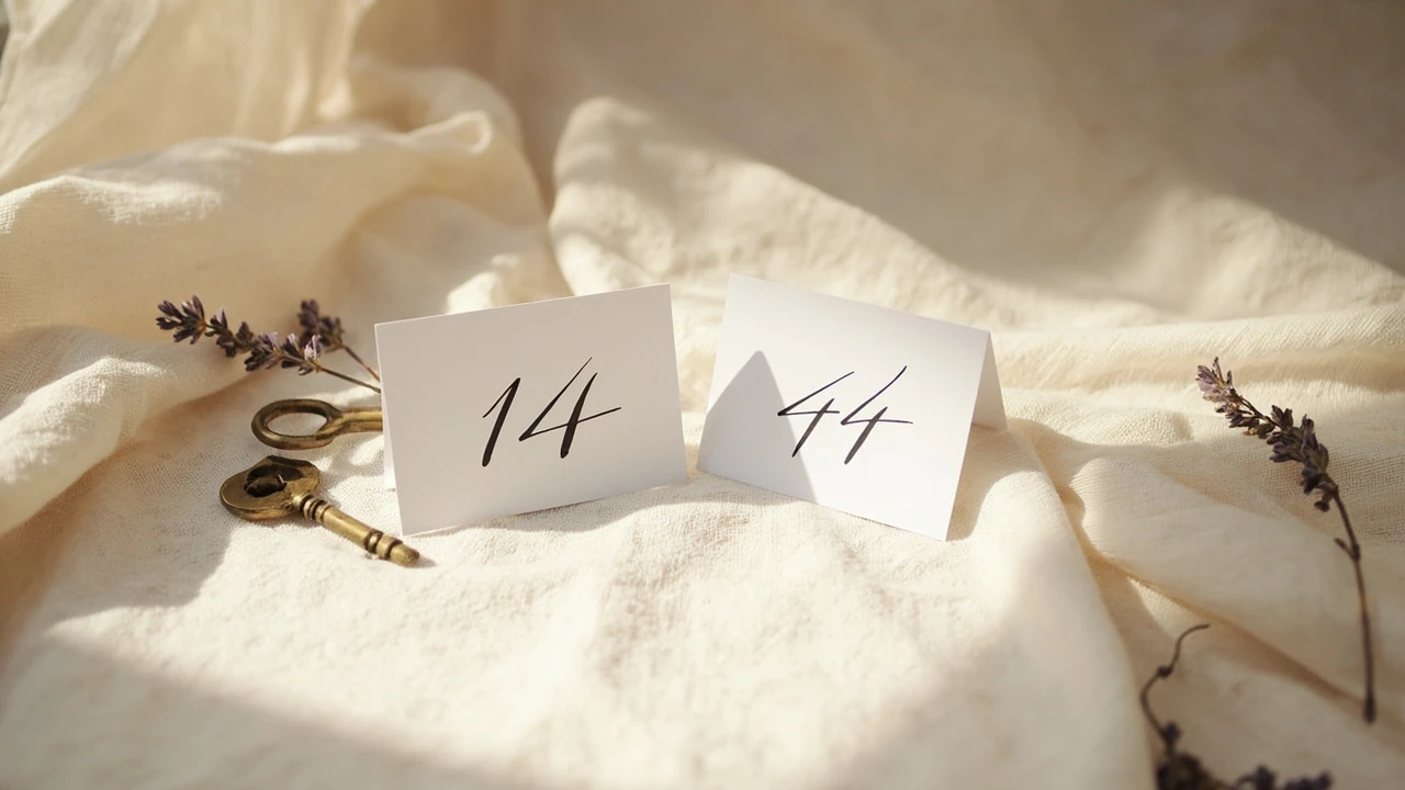 Liczby 14 i 44 na szarym tle, symbolika numerologiczna